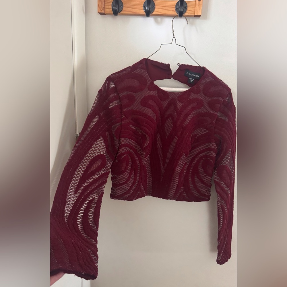 Stylestalker Burgundy Mesh Swirl Long-Sleeve Crop Top
